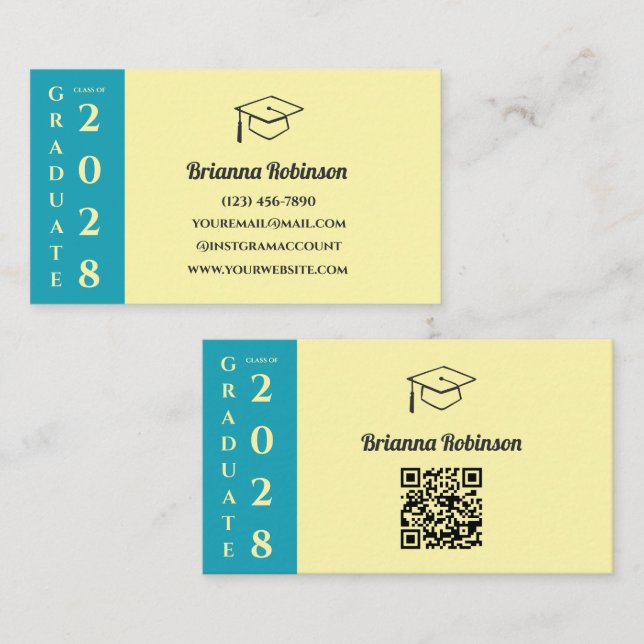 Soft Yellow Modern Graduation QR Code Name Card Telefonnummerkarte (Vorne/Hinten)