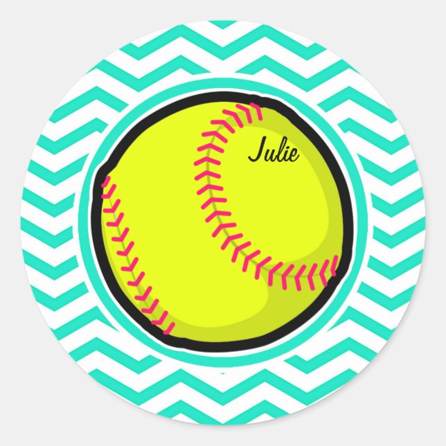 Softball; Aqua Green Zickzack Runder Aufkleber (Vorderseite)
