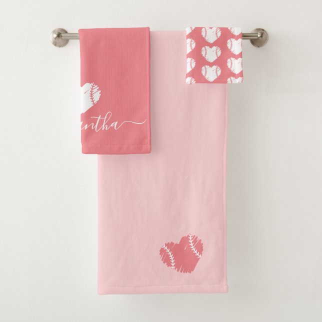 Softball Baseball Personalisiert Pink Girly Badhandtuch Set (Insitu)