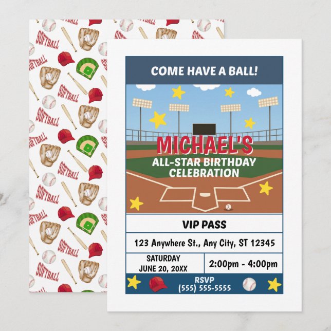 Softball Birthday Party Invitation Einladung (Vorne/Hinten)