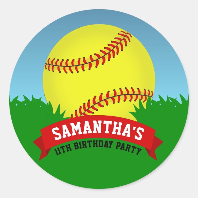 Softball Birthday Party Runder Aufkleber (Vorderseite)