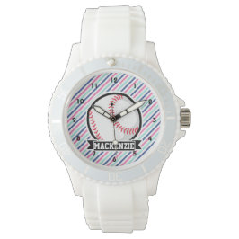 Softball; Blau, Rosa und Weiß Streifen, Sport Armbanduhr