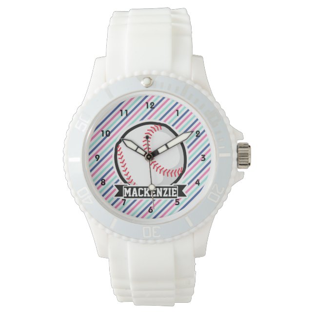 Softball; Blau, Rosa und Weiß Streifen, Sport Armbanduhr (Vorderseite)