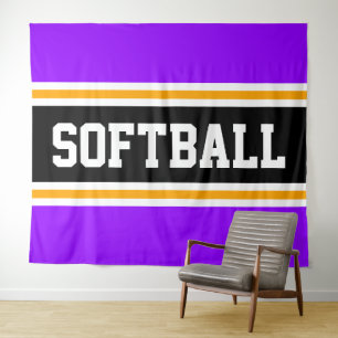 SOFTBALL-Bright-Lila schwarz-gelbe Racing-Streifen Wandteppich
