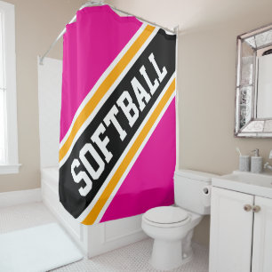 SOFTBALL Candy Pink Orange Schwarze Rennstreifen Duschvorhang