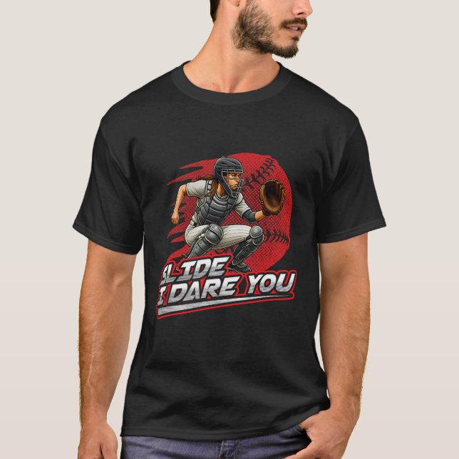 Softball-Fänger-Diapositive Ich fordere dich stark T-Shirt (Vorderseite)