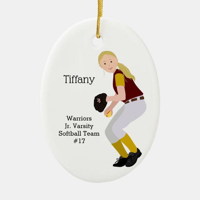 Softball Female Blonde Burgundy & Gold Keramik Ornament (Vorne)
