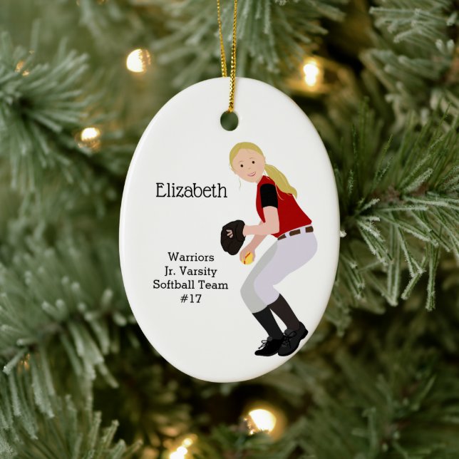Softball Female Blonde Red & Black Keramik Ornament (Baum)