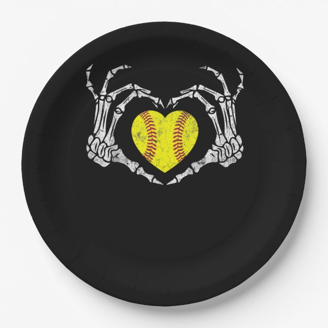 Softball Heart Skeleton Hand Halloween Kostümspass Pappteller (Vorderseite)