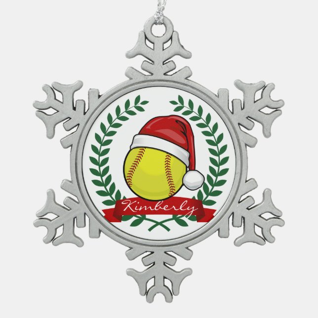 Softball in einer schneeflocken Zinn-Ornament (Vorderseite)