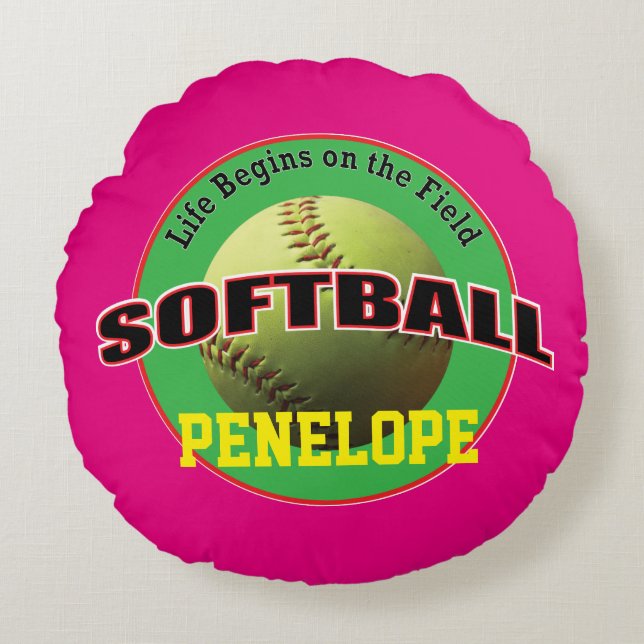 Softball-Leben auf rosa und Grünem mit Text Rundes Kissen (Vorderseite)