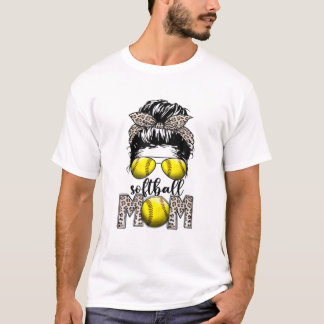 Softball Mama Life Leopard Messy Bun Game Day Gesc T-Shirt