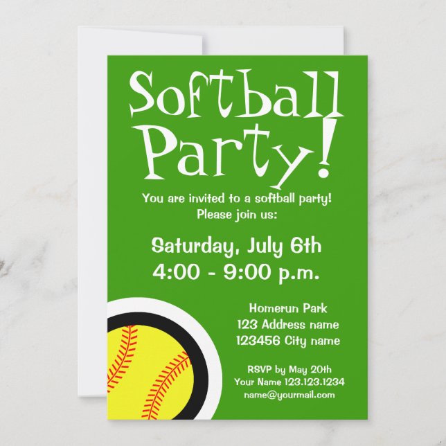 Softball-Party Einladungen für Geburtstage und (Vorderseite)