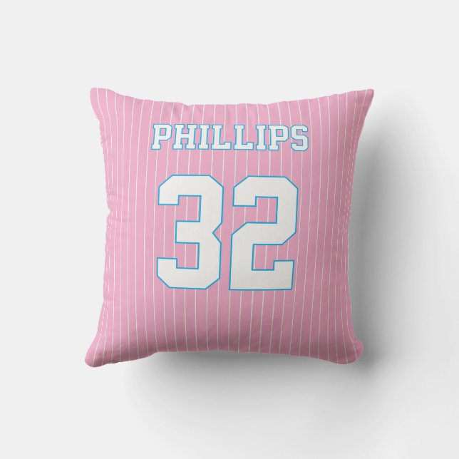 Softball Pink Blau und Weiß Jersey Kissen (Rückseite)
