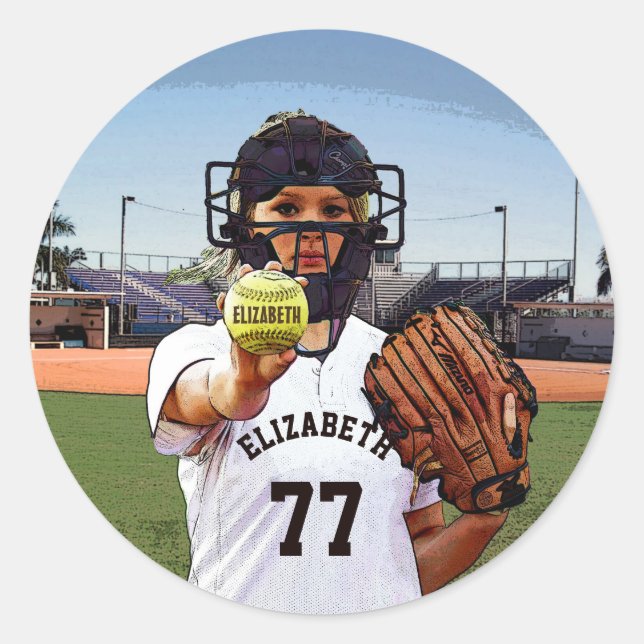 Softball Player Catcher mit Ihrem Namen und Ihrer  Runder Aufkleber (Vorderseite)