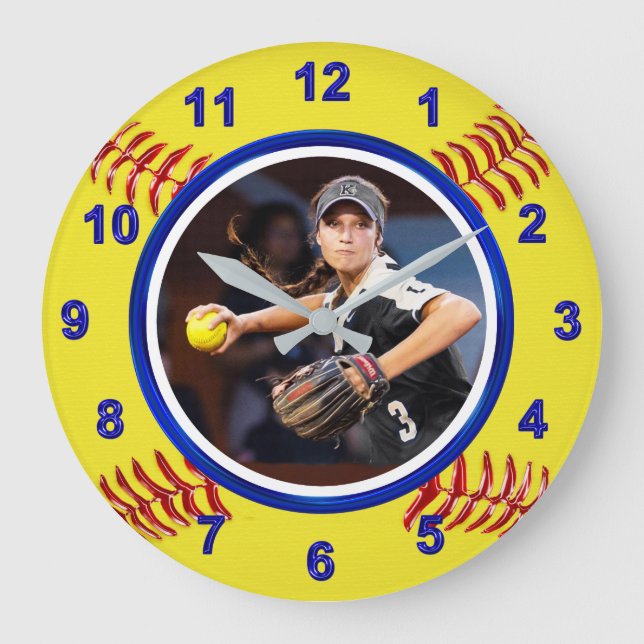 Softball Player's FOTO Softball-Uhr, blau Große Wanduhr (Vorderseite)
