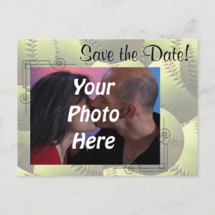 Softball Sports Wedding Theme Foto Save the Date! Ankündigungspostkarte