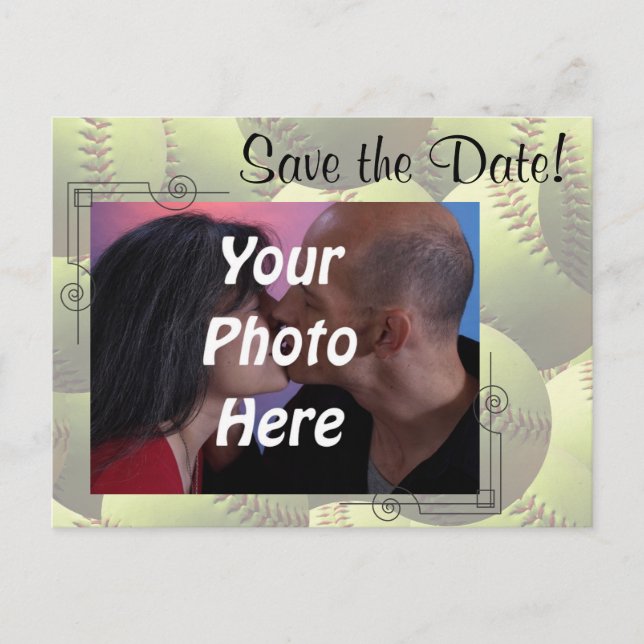Softball Sports Wedding Theme Foto Save the Date! Ankündigungspostkarte (Vorderseite)