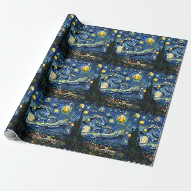 Softball Starry Night Wrapping Paper Geschenkpapier (Ungerollt)