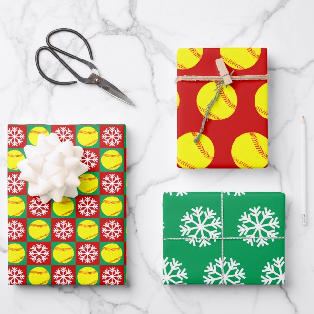 Softball und Snowflake Rot und Grün Geschenkpapier Set (Vorderseite)