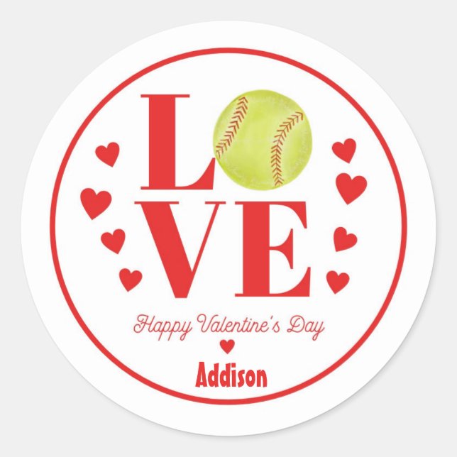 Softball-Valentinsticker, LIEBE-Softball Runder Aufkleber (Vorderseite)