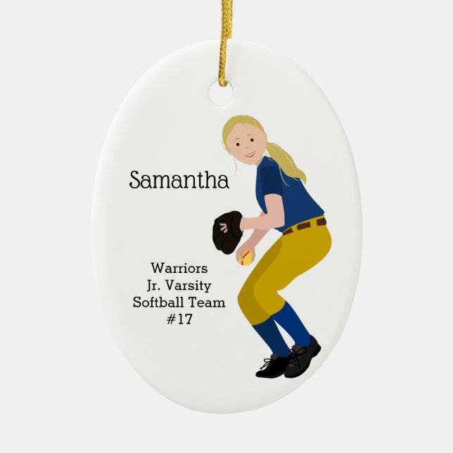 Softball Weibliche Blonde Gold & Blau Keramik Ornament (Vorne)