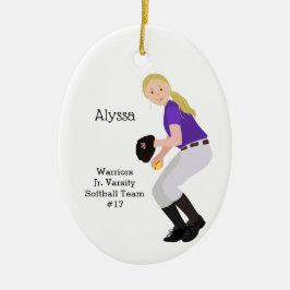 Softball Weibliche Blonde Lila & weiß Keramik Ornament