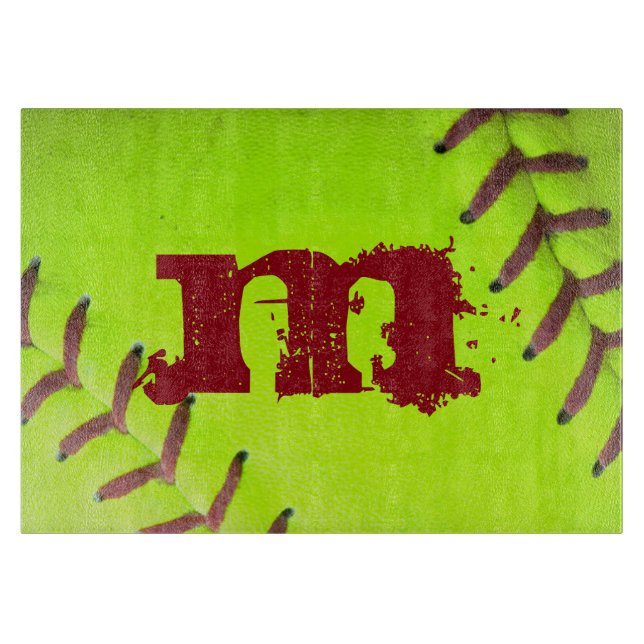 Softball Yellow Fast Monogram Glas Cutting Board Schneidebrett (Vorderseite)
