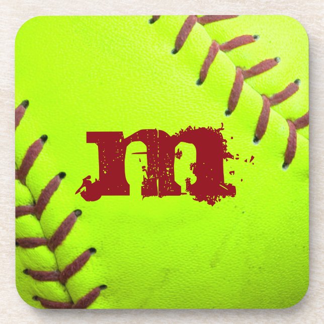 Softball Yellow Fast Pitch Monogram Drink Unterset Untersetzer (Vorderseite)