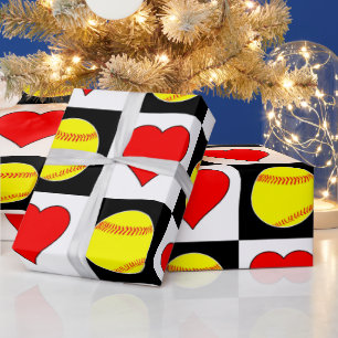 Softballs & Herz Niedliches Schachbrett Muster Fas Geschenkpapier