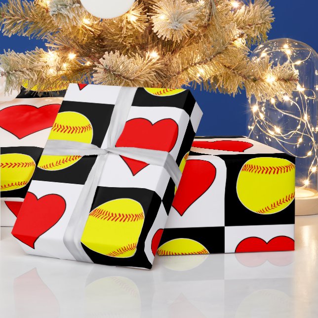 Softballs & Herz Niedliches Schachbrett Muster Fas Geschenkpapier (Feiertage)