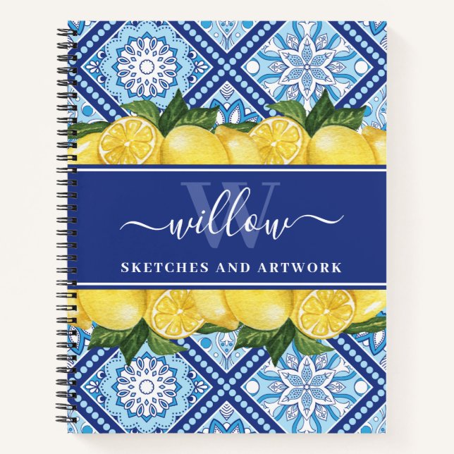 Softcover Lemon Blue Tile Monogram Sketchbook Notizbuch (Vorderseite)