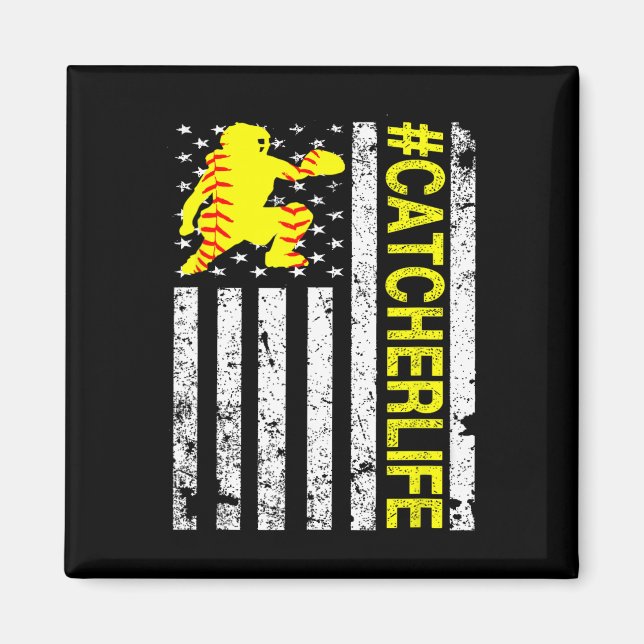 Softll Catcher - Catcher Leben USA-Flagge Fastpitc Magnet (Vorne)