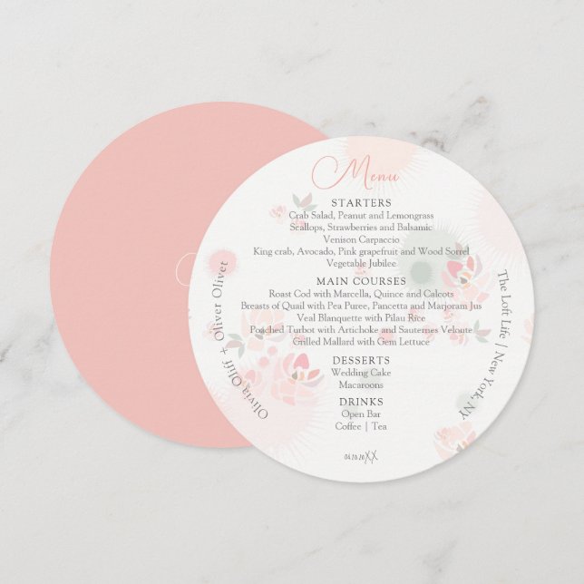 Softness Tee Rose Hochzeitkreis Menükarte (Vorne/Hinten)
