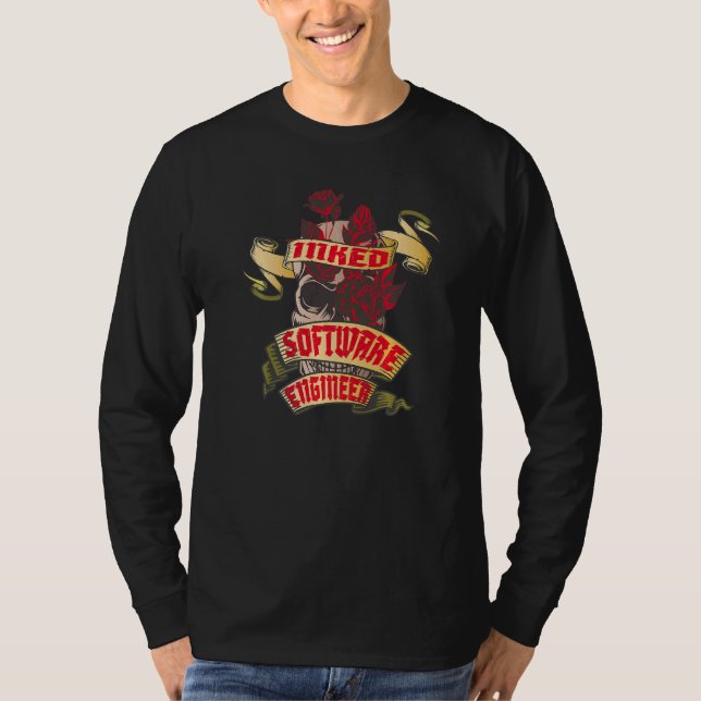 Software Engineer Inked Skull & Red Roses Tattoo T-Shirt (Vorderseite)
