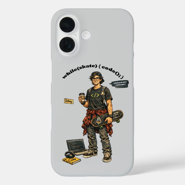 Software-Ingenieur-Coder, der Skateboard fährt URM iPhone 16 Hülle (Rückseite)