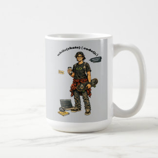 Software-Ingenieur Coder, der Skateboard fährt URM Kaffeetasse