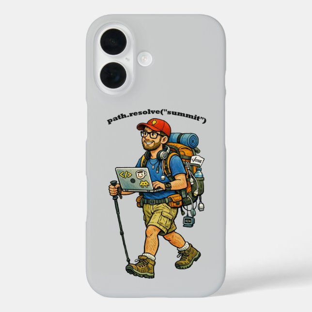 Software-Ingenieur geht mit einem Rucksack URM wan iPhone 16 Hülle (Rückseite)