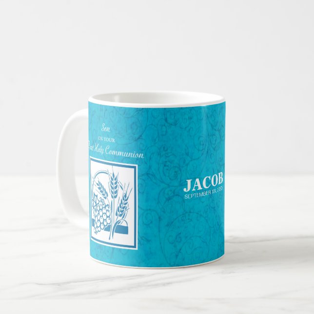 Sohn, Erste Kommune, Weizen, Trauben blau Kaffeetasse (Vorderseite Links)