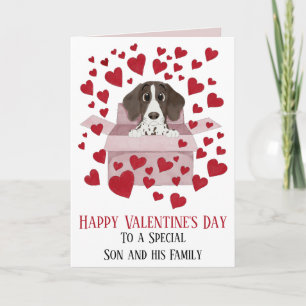 Sohn und Familie Welpe in Box Valentine's Karte