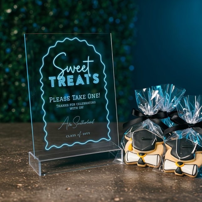 Soins sucrés Fête de Graduation Arch Bleu Neon Wav (Sweet Treats Wavy Arch Blue Neon Graduation Party Acrylic Sign)