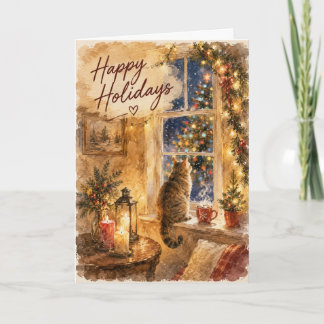 Soir de Noël enneigé Chaton mignon Carte de vœux d