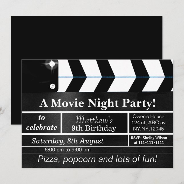 Soirée cinéma Anniversaire Fête Invitation (Devant / Derrière)