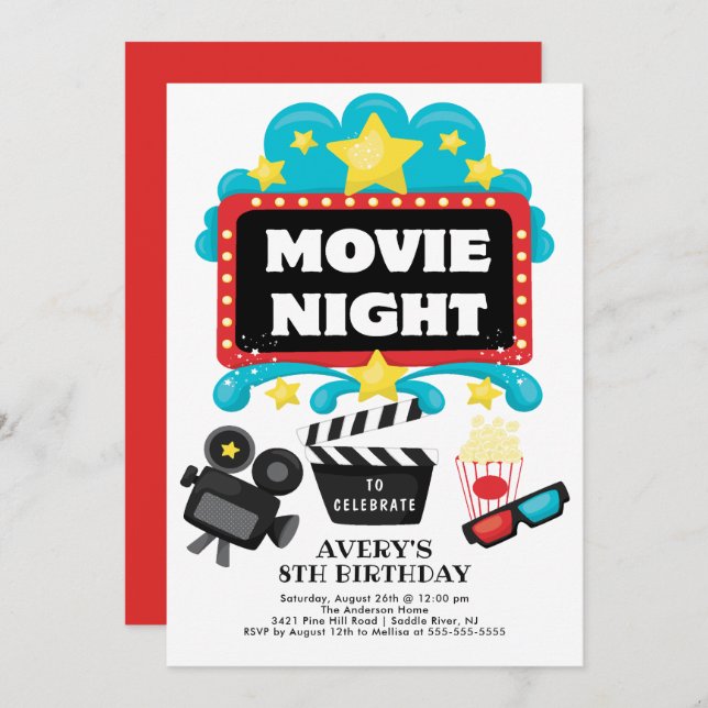 Soirée cinéma Anniversaire Fête Invitation (Devant / Derrière)