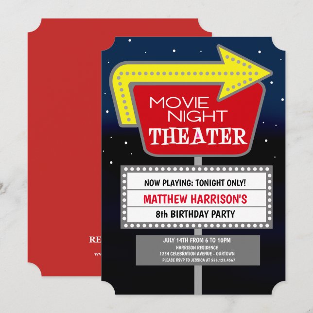 Soirée cinéma Invitations de fête d'anniversaire (Devant / Derrière)