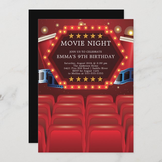 Soirée cinéma Invitations de fête d'anniversaire (Devant / Derrière)
