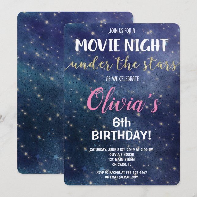 Soirée cinéma sous les invitations d'anniversaire (Devant / Derrière)