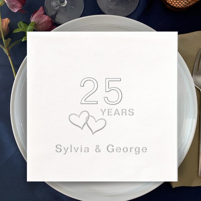 Soirée du 25e anniversaire moderne et élégante (Add couple’s names for elegant real foil personalized 25th anniversary party napkins. Simple stylish)