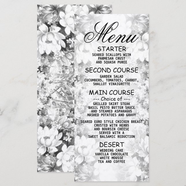 Soirée Mariage Argent Floral Élégant Dîner Menu (Devant / Derrière)
