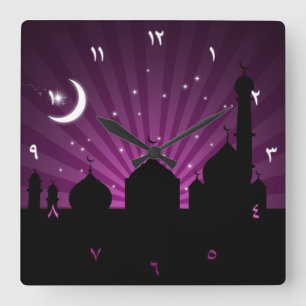 Soirée Mosquée Silhouette violet - Horloge murale